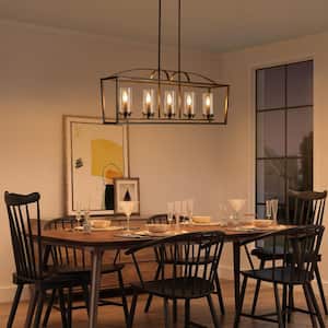 Lakeyah 5-Light Metal Industrial Lantern Linear Chandelier for Kitchen Island with Cylindrical Glass Shade