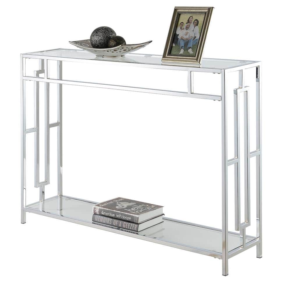 Town Square Chrome and Glass Console Table with Dual Open Shelving