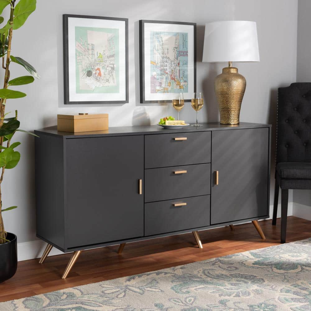 Contemporary Dark Grey Wood Sideboard with Gold Accents