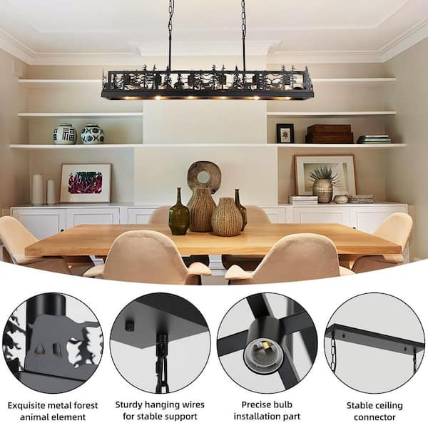 JUSHENG 6-Light Black Farmhouse Linear Chandelier Ambient Rustic