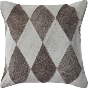 Diamond Silver Gray / Brown Geometric Faux Leather Hide 20 in. x 20 in. Indoor Throw Pillow