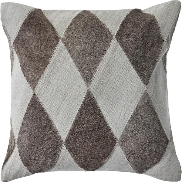 LR Home Diamond Silver Gray / Brown Geometric Faux Leather Hide 20 in. x 20 in. Throw Pillow