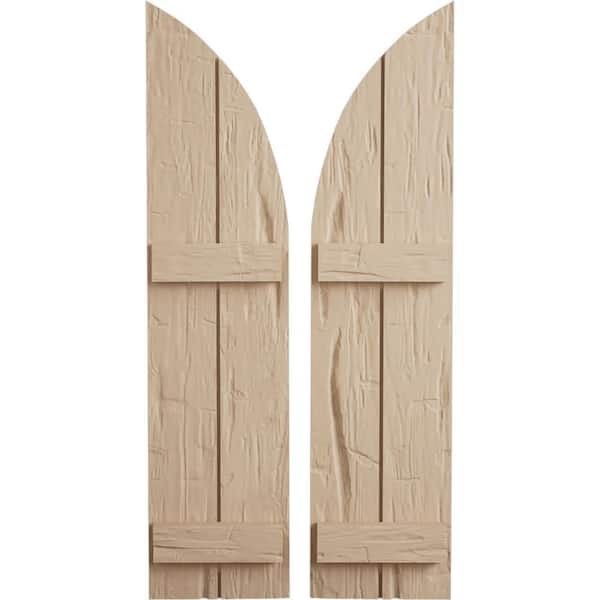 Ekena Millwork 11 in. x 76 in. Polyurethane Hand Hewn 2-Board Joined Board-n-Batten Round Arch Top Shutters, Primed Tan