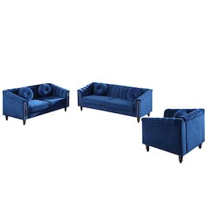 75 in. Round Arm 3-Piece Velvet L-Shaped Sectional Sofa in Jazz Blue