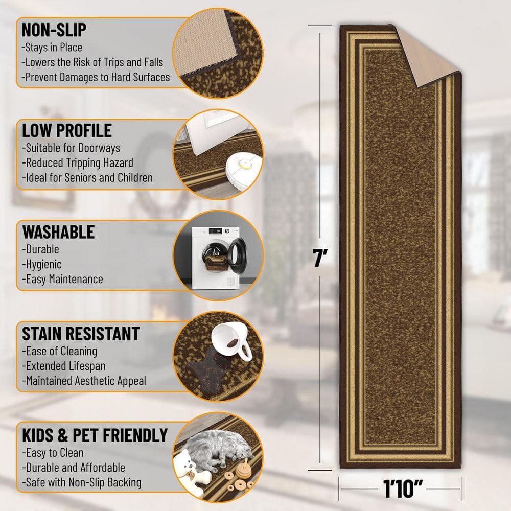 Brown and Beige Synthetic Non-Slip Runner Rug