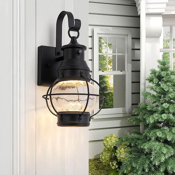 Acerbis 13.78 in. 1-Light Black Integrated LED Outdoor Wall Lantern Sconce with Caged Seeded Glass