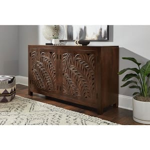 Palmeadow Carved Walnut Brown Wood 4-Door Accent Cabinet (36 in. H x 62 in. W x 18 in. D)