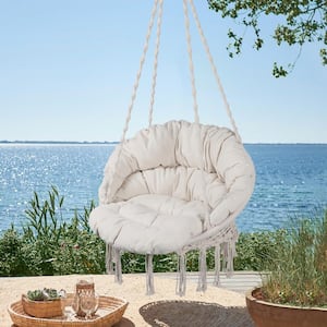 2.6 ft. Portable Tassel Hammock Chair in Beige with Cushion for Indoor and Outdoor