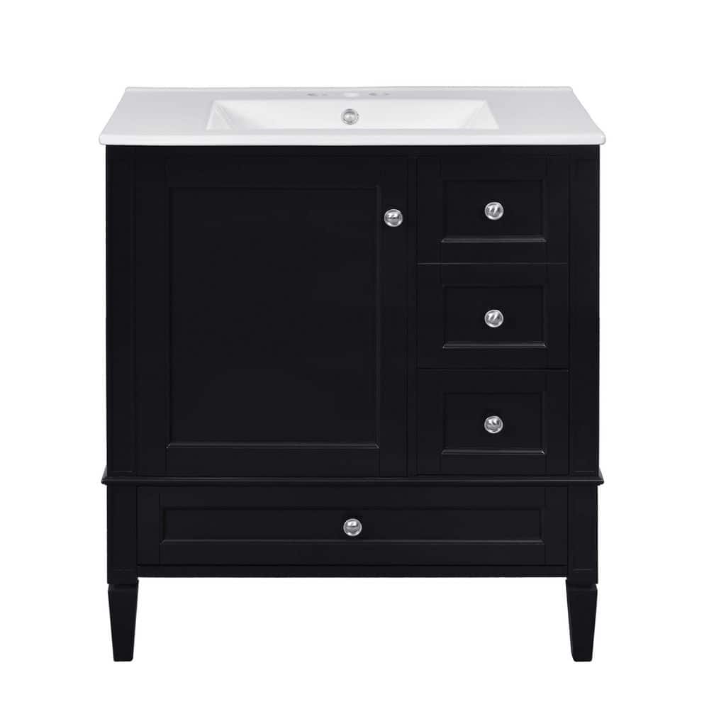 30 in. Freestanding Black Bath Vanity with White Ceramic Sink Top 3 Drawers, Solid Wood Frame price history on PriceWatchPro