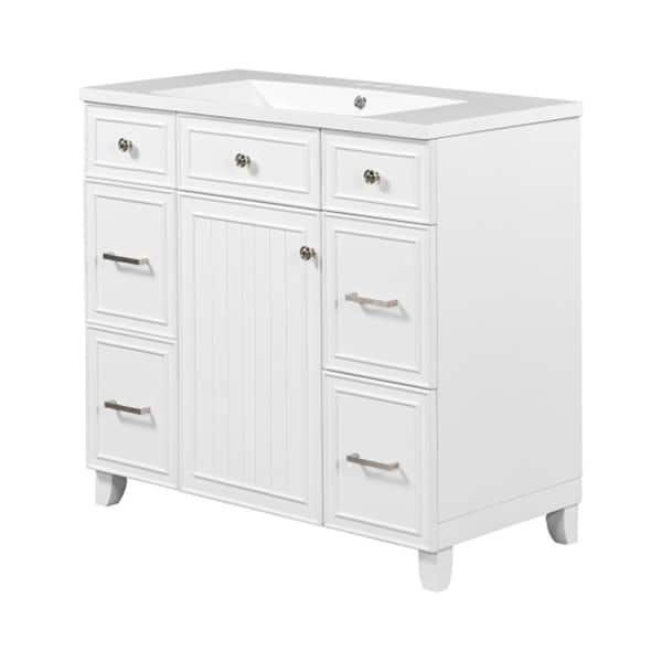 Aoibox 36 in. W x 18 in. D x 34.3 in. H Single Sink Freestanding Bath Vanity in White with White Resin Basin Top