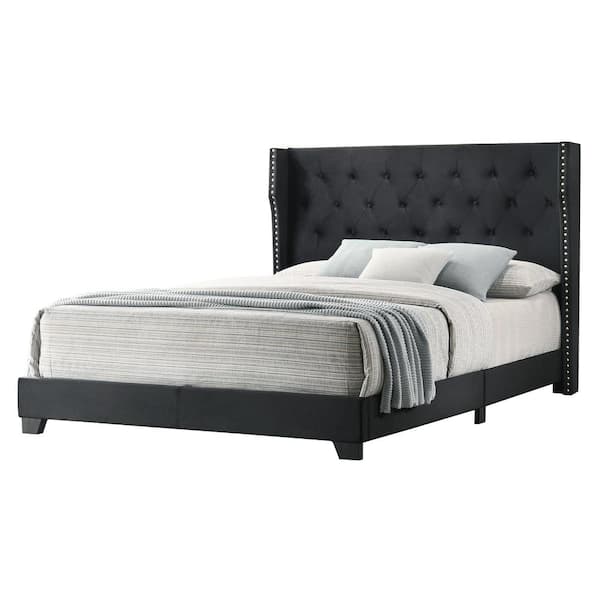 Best Quality Furniture Larna Black Velvet Upholstered Queen Panel Bed ...