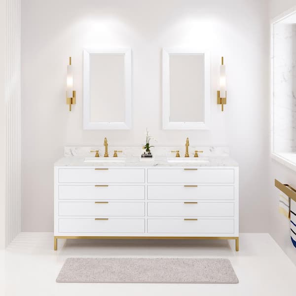 Water Creation Bristol 72 in. W x 21.5 in. D Vanity in Pure White with Marble Top in White with White Basin, Hook Faucet and Mirrors