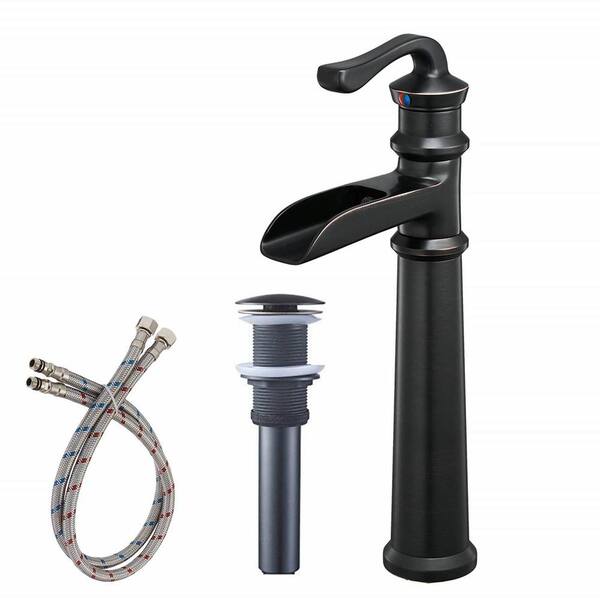 FLG Single Handle Waterfall Bathroom Vessel Sink Faucet Single Hole with Pop-Up Drain Assembly Included in Oil Rubbed Bronze