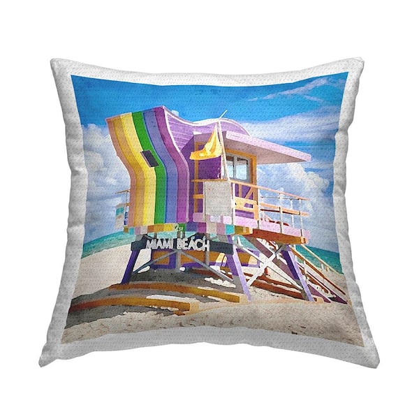 Purple Lifeguard Hut Multi-Color Square Outdoor Throw Pillow