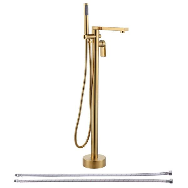 Single-Handle Floor Mount Brass Freestanding Tub Faucet Bathtub Filler with Handheld Shower in. Brushed Gold