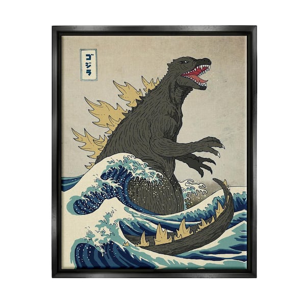 Godzilla in the Waves Eastern Poster Illustration by Michael Buxton Floater Frame Fantasy Wall Art Print 31 in. x 25 in.