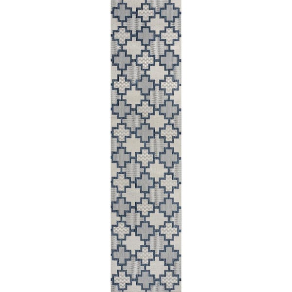 Cyrus Navy/Cream 2 ft. x 8 ft. Modern Geometric Tile Pattern Indoor/Outdoor Runner Rug