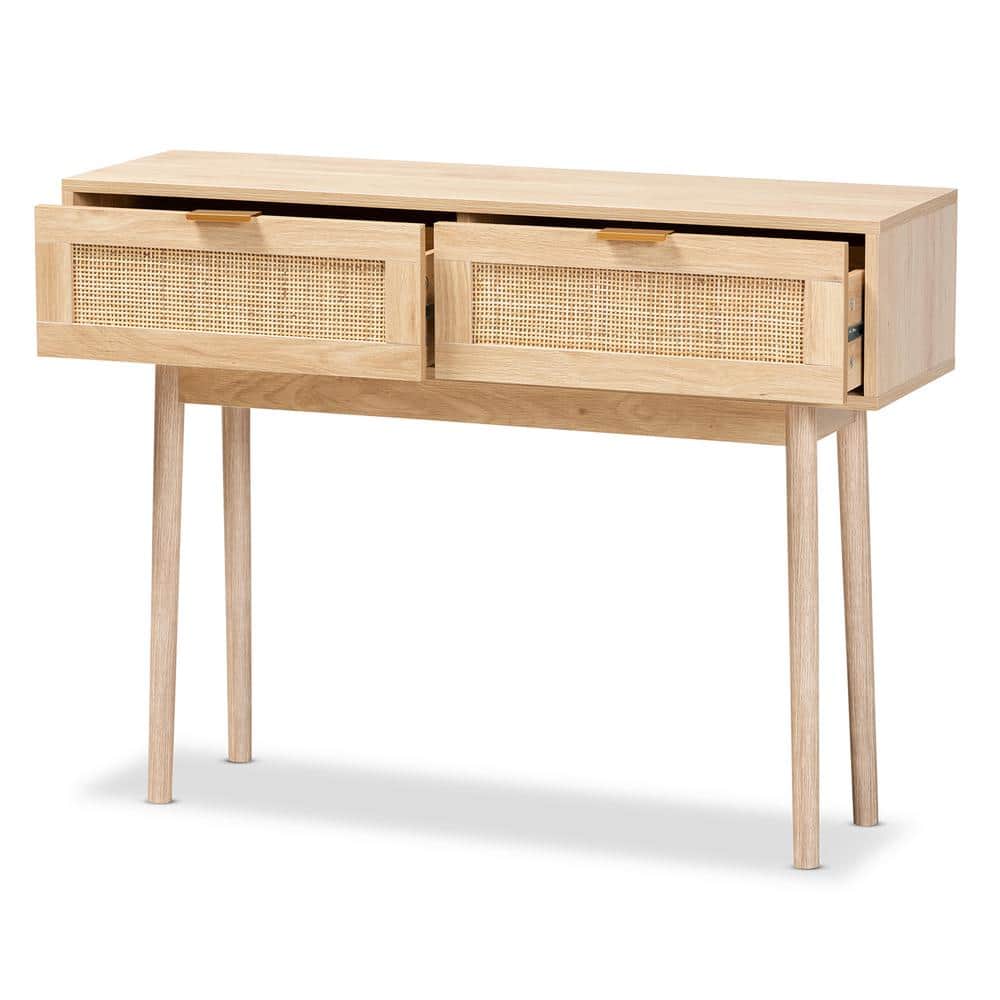 Light Oak Brown Wood and Rattan 2-Drawer Console Table