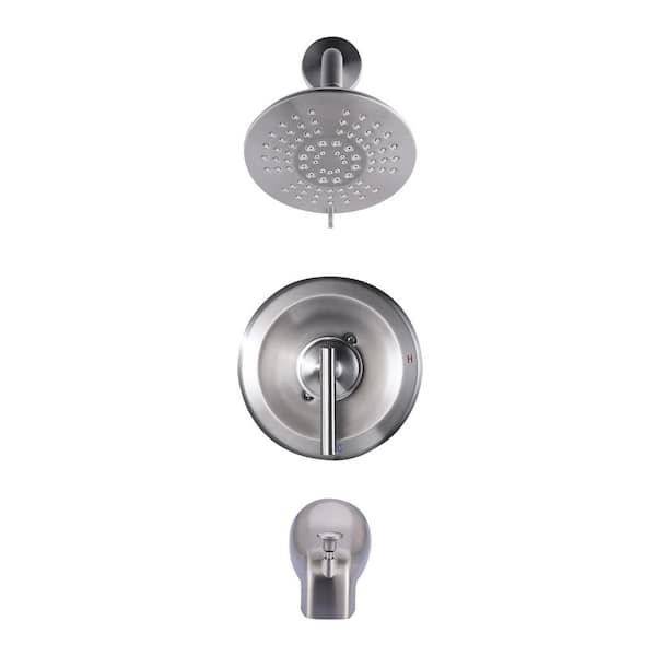 IVIGA 5-Spray Patterns with 1.8 GPM 6 in. Wall Mount Rain Fixed Shower Head with Tub Spout and Brass Valve in Brushed Nickel