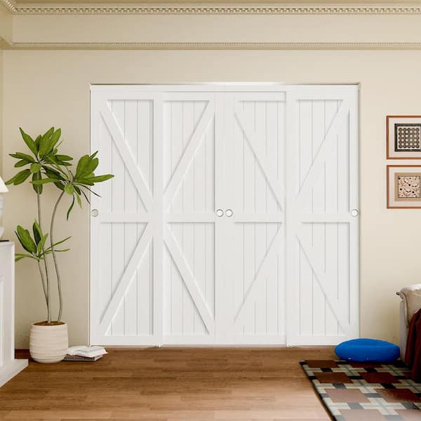 TENONER 120 in. x 80 in. K-Shape MDF Sliding Door with Hardware Track Kit and Floor Guide& Handle, Pre-Drilled, White