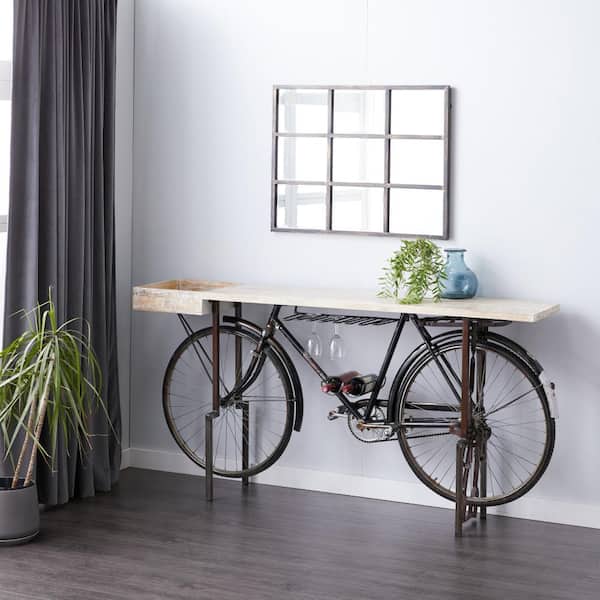 Litton Lane 37 in. H Black 1 Shelf Bike Bar with Brown Wood Top