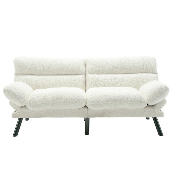 71 in. White Teddy Linen Convertible Foldable Full Sleeper Sofa Bed with Adjustable Backrests and Armrest