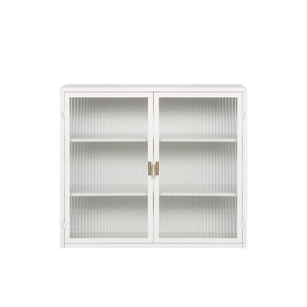 27.5 in. W x 9 in. D x 23.6 in. H Glass Doors Bathroom Storage Wall Cabinet in White for Entryway Living Room Bathroom