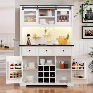 White 71 in. Bar Cabinet w/ Internal Storage Rack, Kitchen Cabinet w/ Hutch, Power Outlet, Pegboard, Wine & Glasses Rack