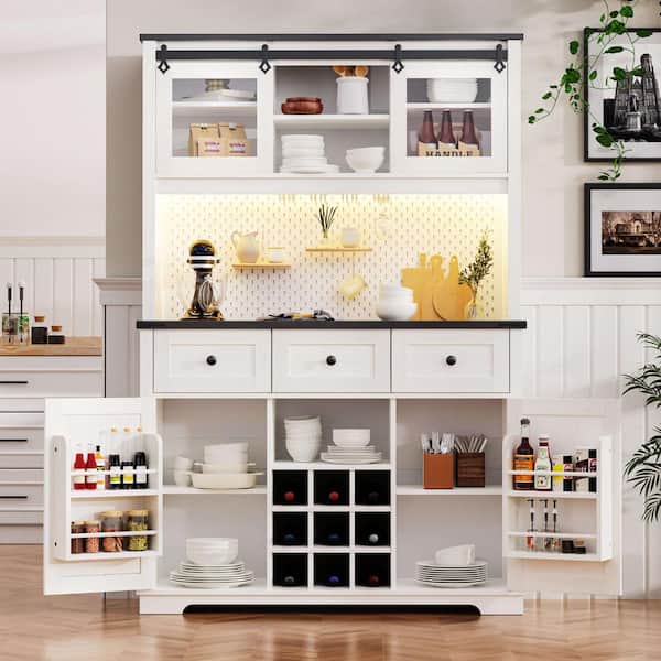 Polibi White 71 in. Bar Cabinet w/ Internal Storage Rack, Kitchen Cabinet w/ Hutch, Power Outlet, Pegboard, Wine & Glasses Rack