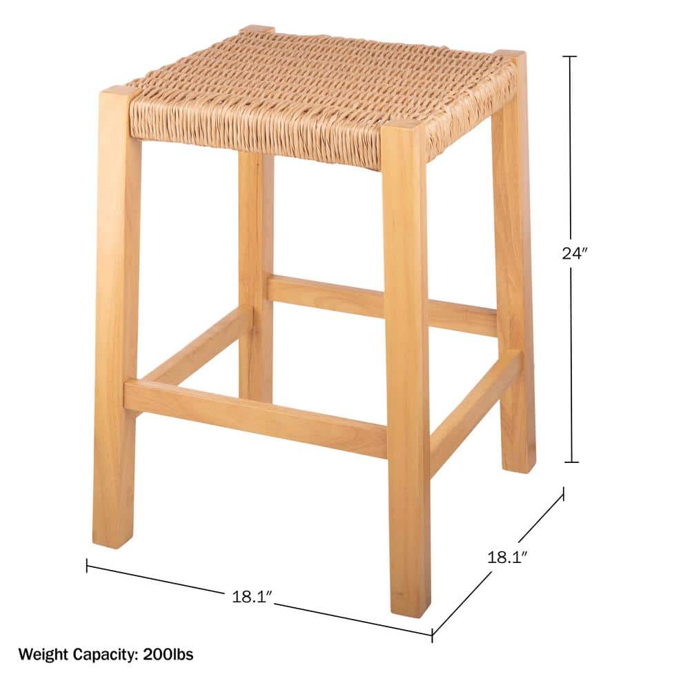 Natural Wood Backless Counter Stool with Woven Seagrass Seat