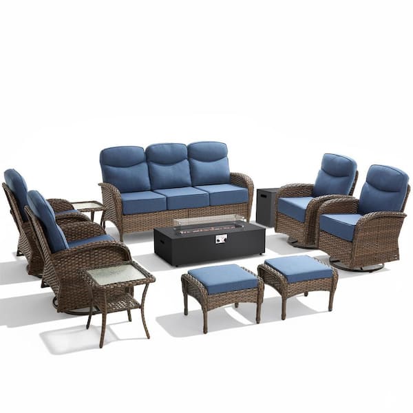High Crescent 10-Piece Brown Wicker Patio Conversation Set with Blue Cushions and Split-Type Fire Pit Table