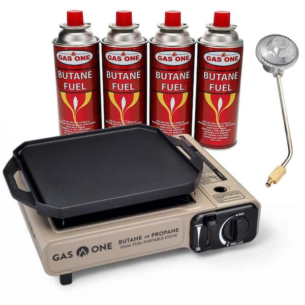Duel Fuel Camp Stove with Griddle and Butane Fuel (4-Piece Bundle)