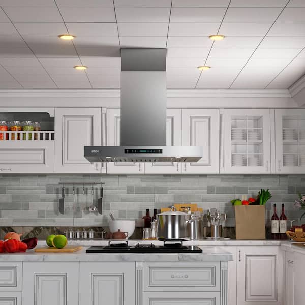 IKTCH 30 in. 900 CFM Island Mount Range Hood in Stainless Steel with Gesture Sensing and Touch Control Switch Panel with Light