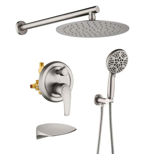 WELLFOR 3-Spray 10 in. Round Wall Mount Dual Fixed and Handheld Shower Head with Tub Spout in Brushed Nickel