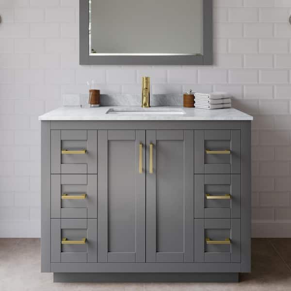 Wyndham Collection Miranda 42 in. W x 22 in. D x 33.75 in. H Single Sink Bath Vanity in Dark Gray with White Carrara Marble Top