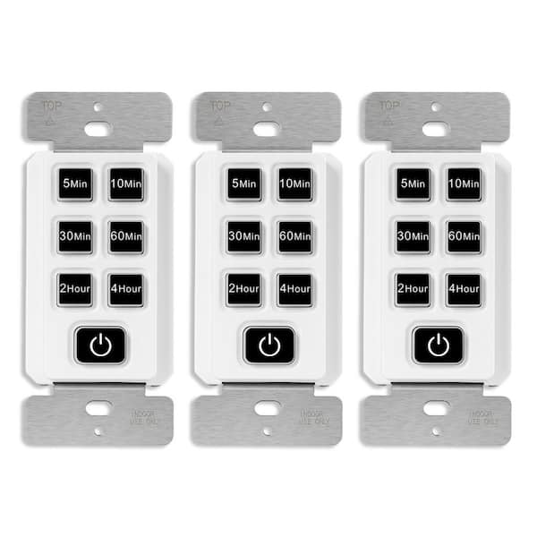 TOPGREENER 150-Watt 15 Amp Countdown Timer Switch, Push Button, Indoor, 240 Min, 1/2 HP, No Neutral Wire, White (3-Pack)