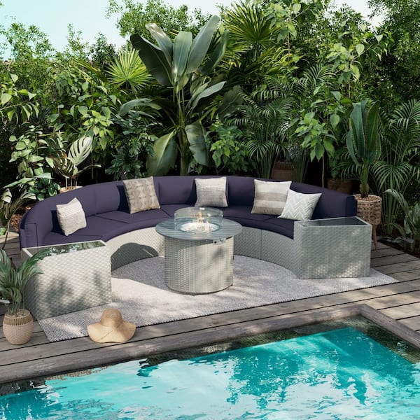 6-Person 9-Piece Fully Assembled Wicker Curved Half-Moon Outdoor Patio Fire Pit Conversation Set with Navy Cushions