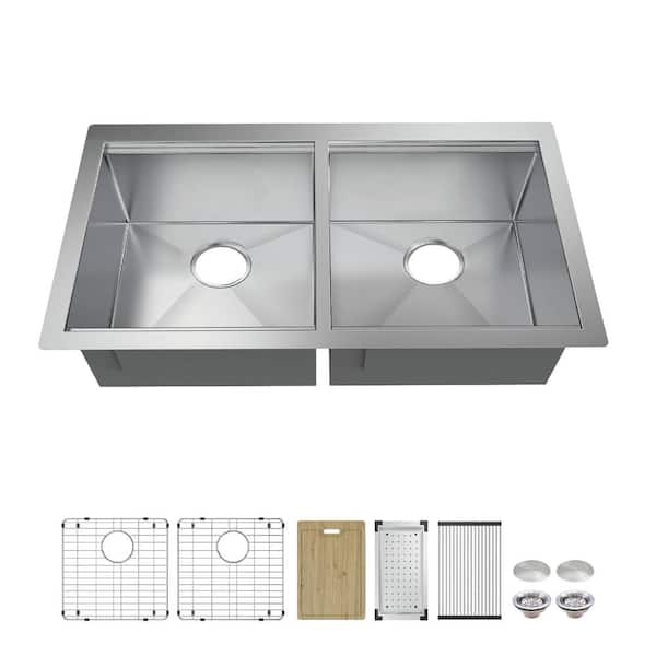 Glacier Bay Professional Zero Radius 36 in Undermount Double Bowl 16 Gauge Stainless Steel Workstation Kitchen Sink with Accessories