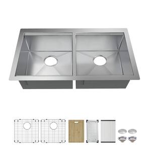 Zero Radius Undermount 16G Stainless Steel 36 in. 50/50 Double Bowl Workstation Kitchen Sink with Accessories