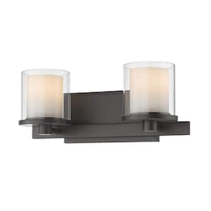 Schema 14.5 in. 2-Light Bronze Integrated LED Shaded Vanity Light with Clear and Matte Opal Glass Shade