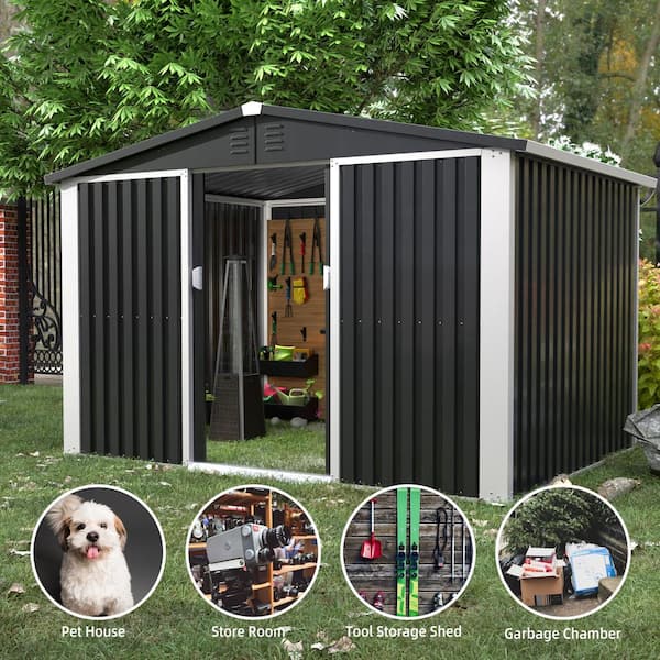 Hephastu 103.74 in. W x 72.83 in. H x 75.59 in. D Multifunctional Outdoor Metal Storage Shed with air vents, in Black