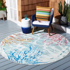 Barbados Teal/White 5 ft. x 5 ft. Round Border Nautical Indoor/Outdoor Area Rug
