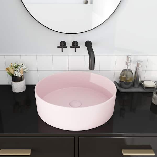 EPOWP 15.7 in. x15.7 in. Pink Ceramic Round Bathroom Above Counter Vessel Sink