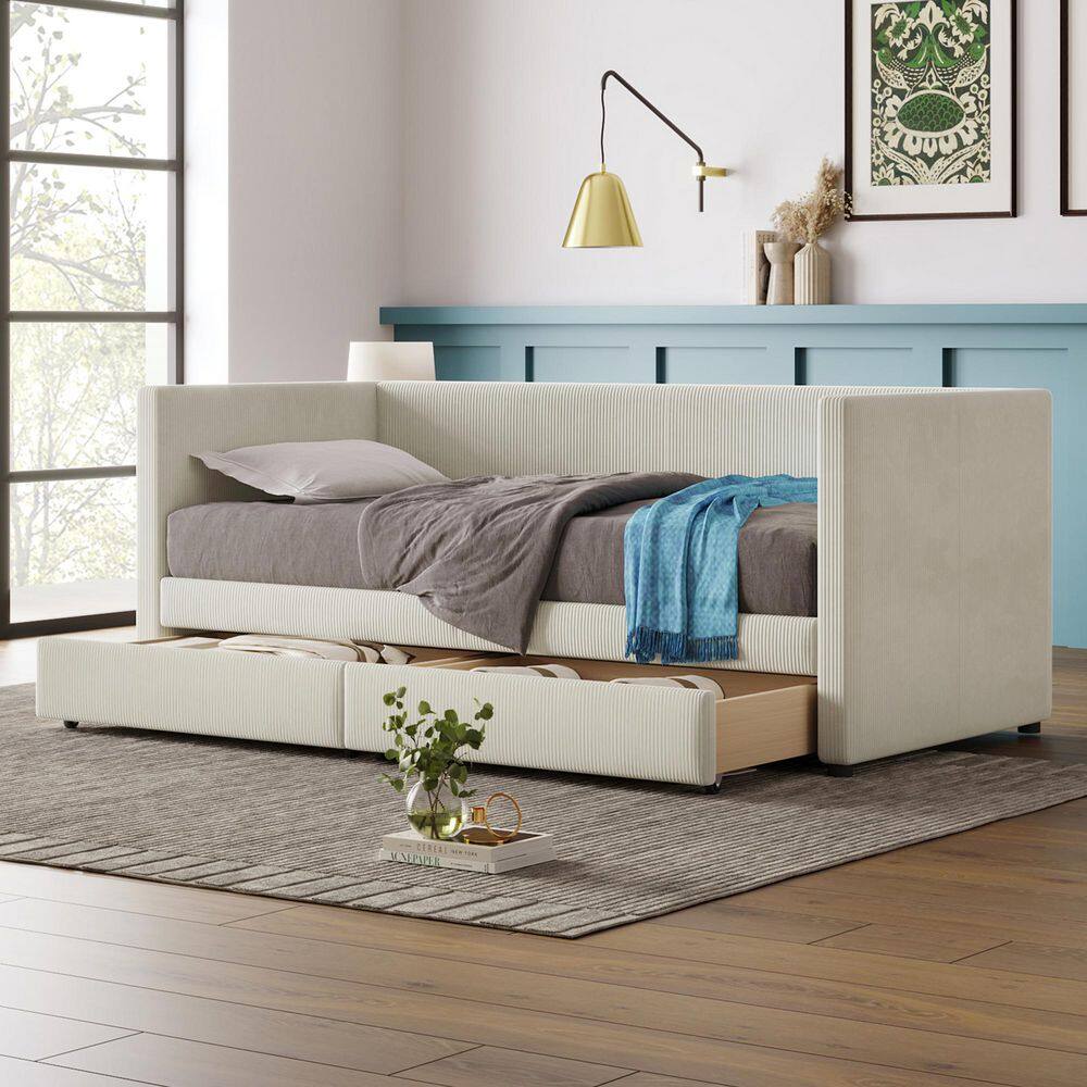 Beige Twin Corduroy Daybed with 2-Drawers and Wood Slat