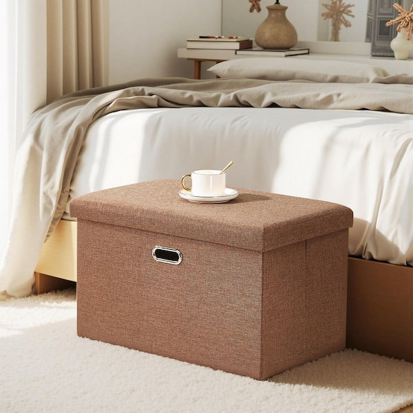 Large Storage Ottoman with Lid 24", Brown Foldable Linen Ottoman Bench with Padded Cushion Top for Bedroom, Living Room