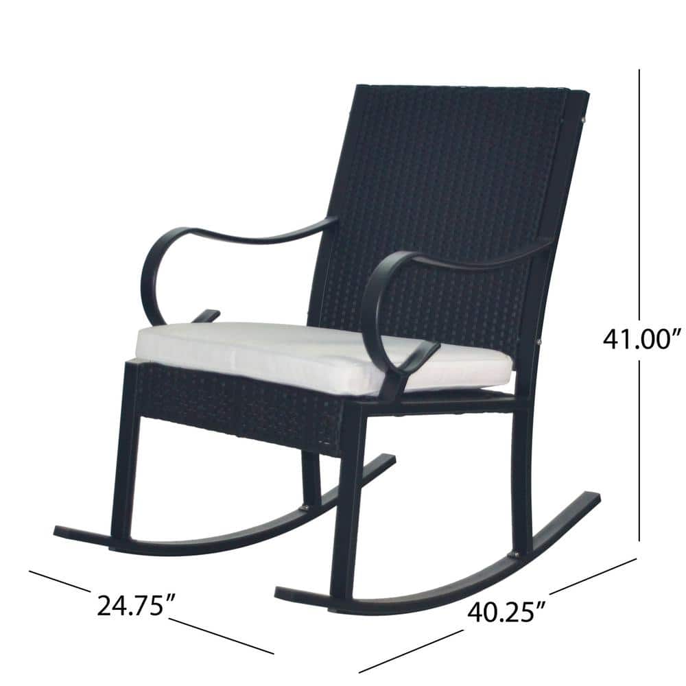 Mid-Century Modern Black Iron Rocking Chair with White Cushions