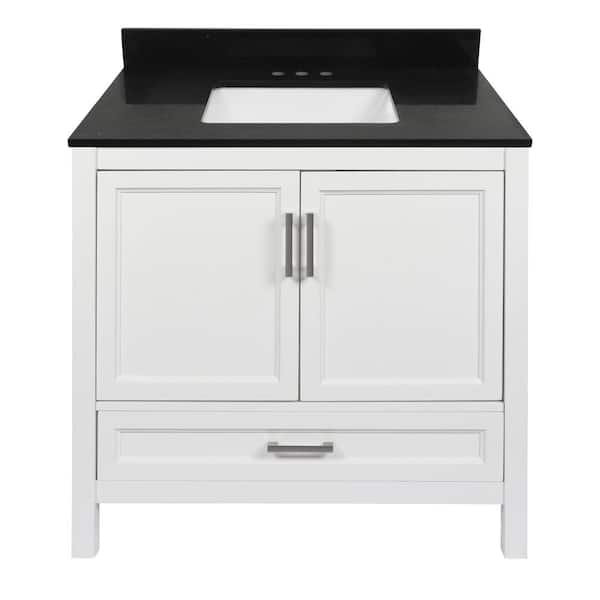 Amluxx Salerno 37 in. W x 22 in. D Bath Vanity in White with Quartz Stone Vanity Top w/ Backsplash in Galaxy Black