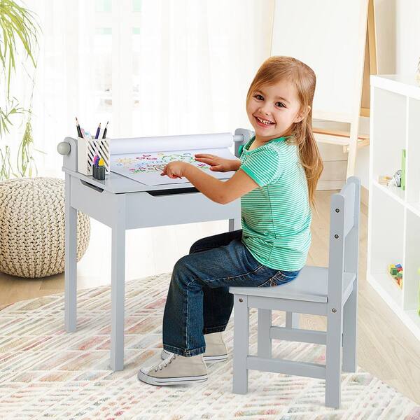 Costway 2-Piece Kids Table and Chair Set Wood Top Activity Drawing Study  Desk with Paper Roll Drawer HY10120WH - The Home Depot