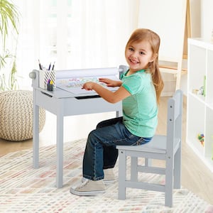 2-Piece Wood Top Toddler Craft Table and Chair Set Kids Art Crafts Table with Paper Roll Holder Grey