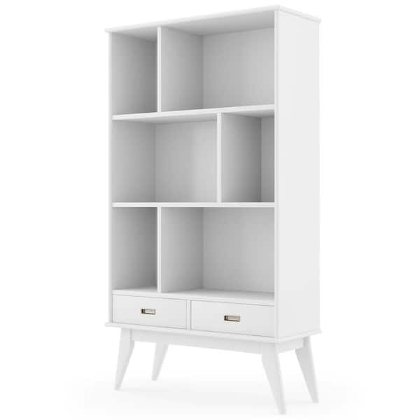 Simpli Home Draper Solid Hardwood 64 in. x 35 in. Mid-Century Modern Wide Bookcase and Storage Unit in White